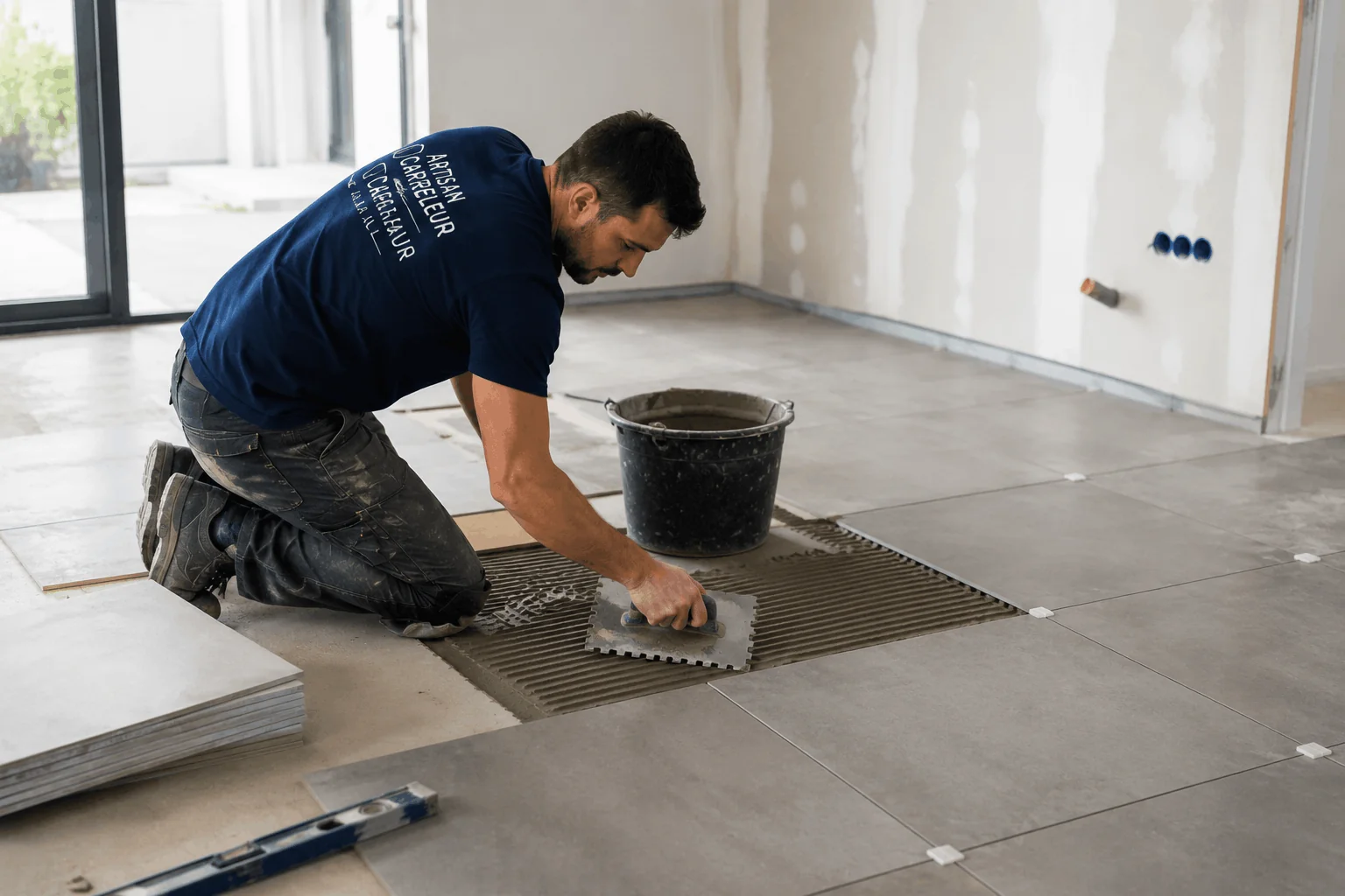 Artisan carreleur lavallois posant un carrelage grand format sur un chantier en Mayenne