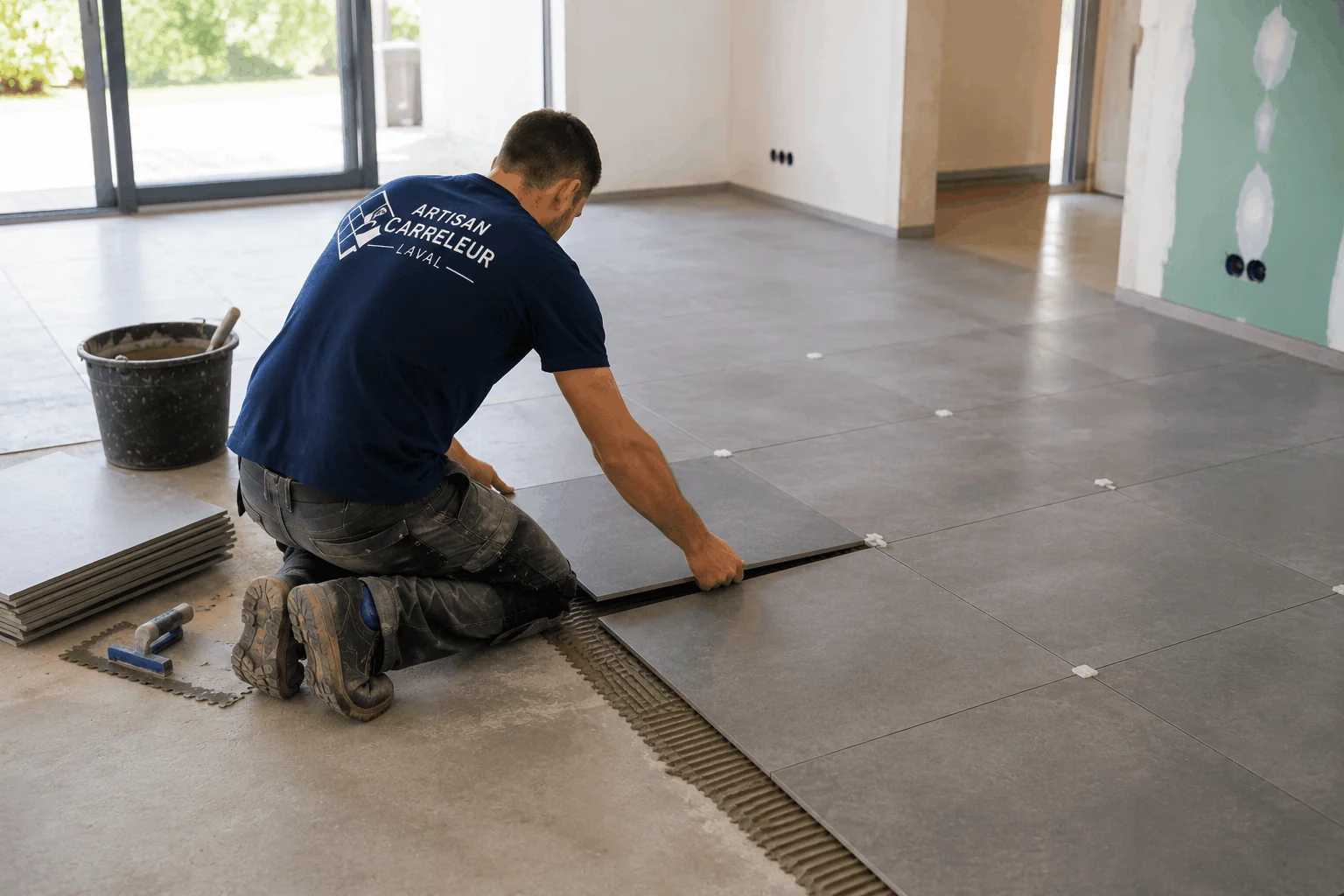Pose de carrelage sol intérieur grand format dans un séjour à Laval