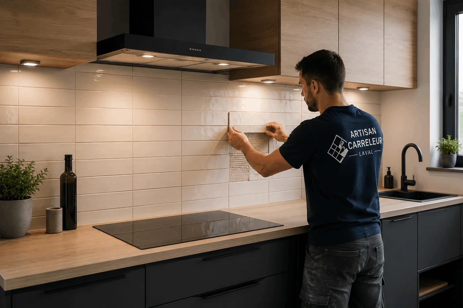 Crédence de cuisine en faïence métro et mosaïque à Laval