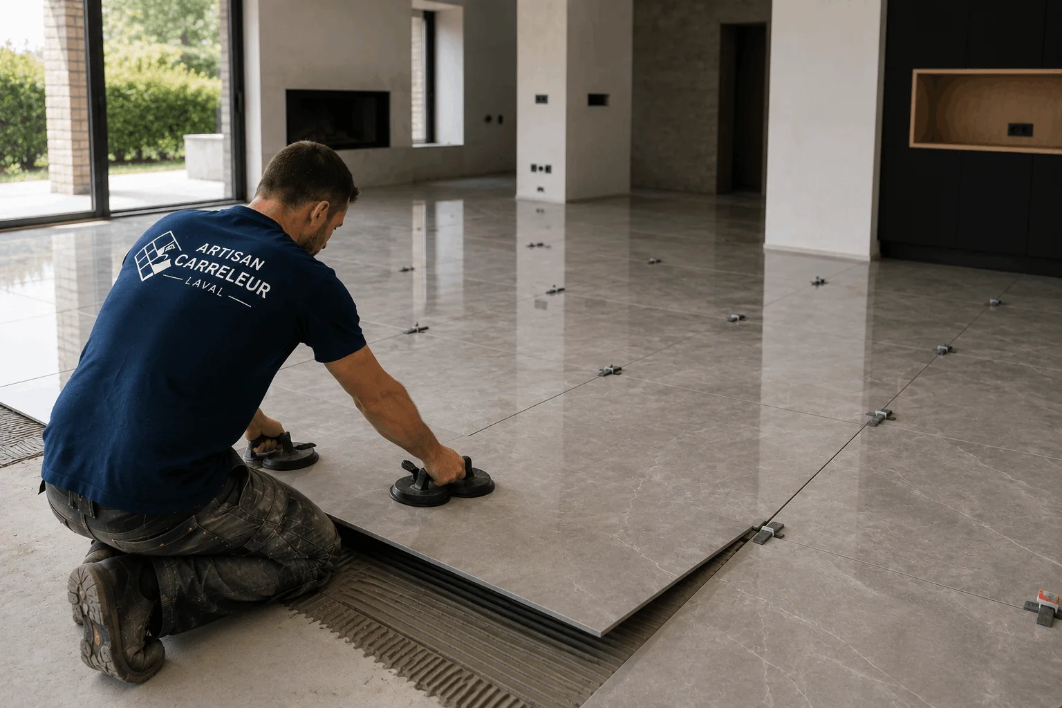 Pose de carrelage grand format 120x120 par un artisan carreleur à Laval