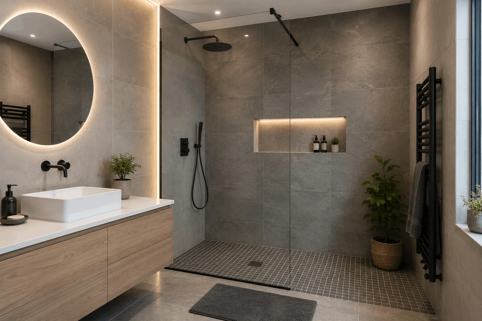 Salle de bain rénovée avec douche à l'italienne et faïence à Laval