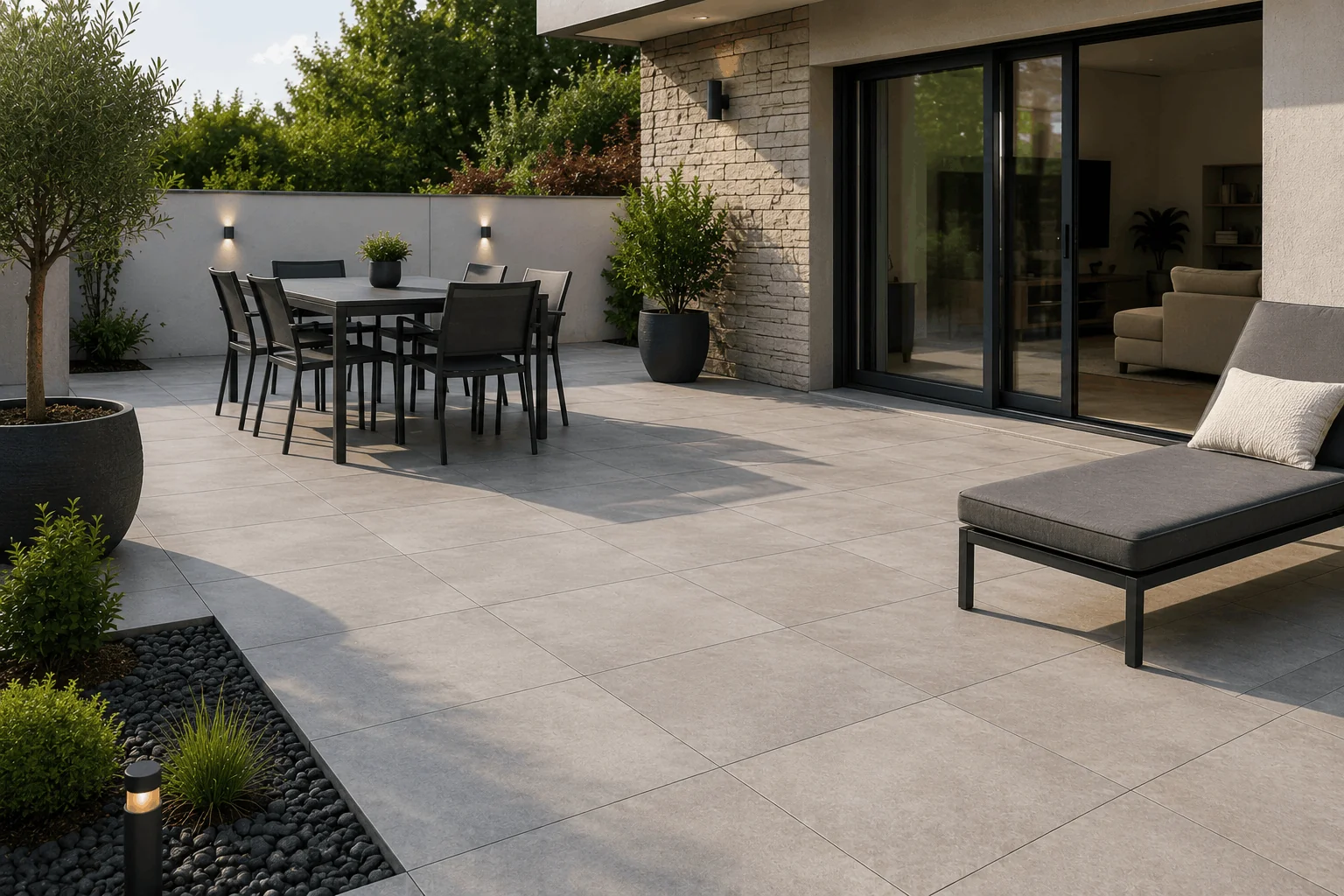 Terrasse extérieure en grès cérame R11 antidérapant posée à Laval