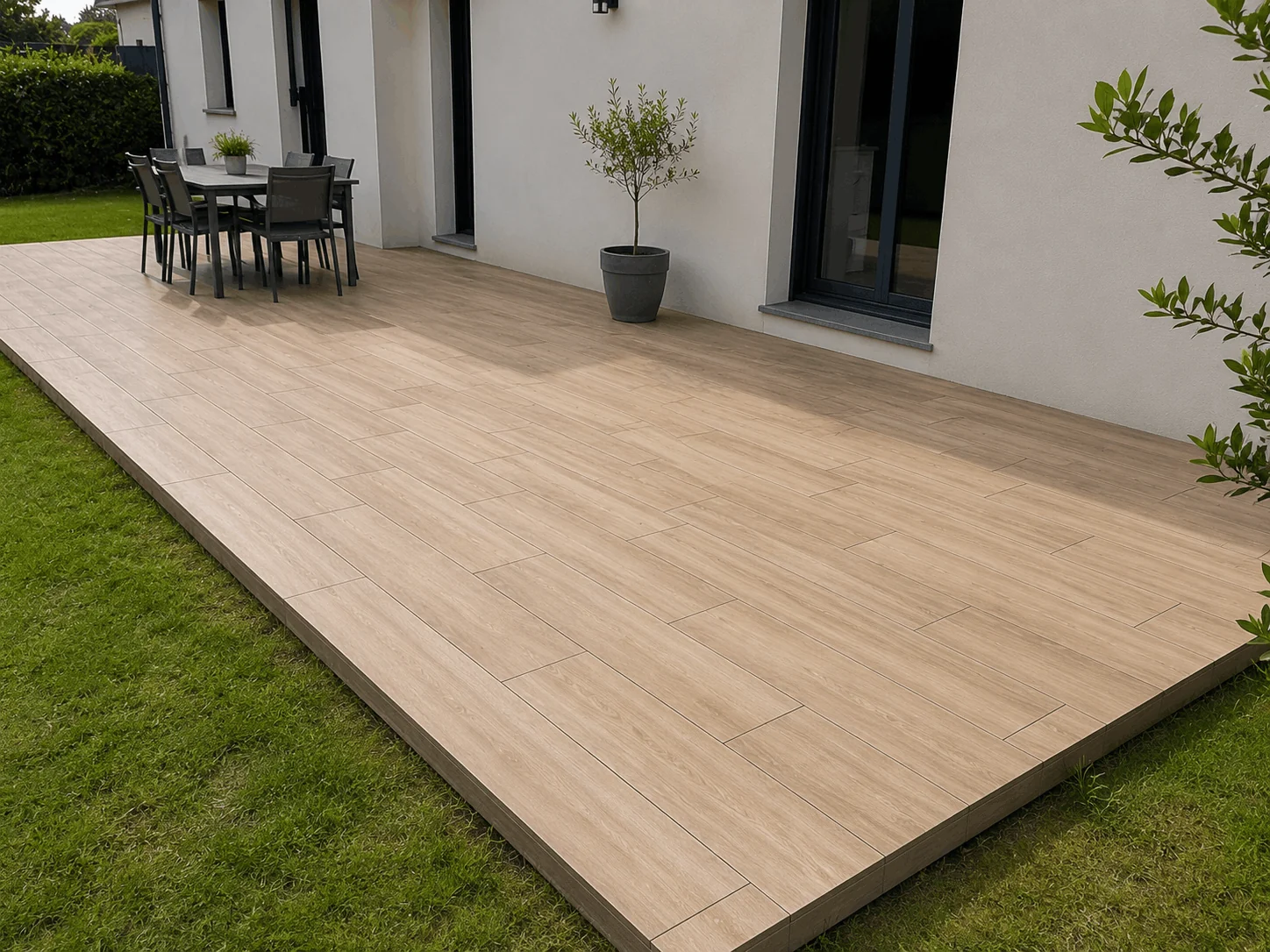 Terrasse extérieure en grès cérame imitation bois posée sur plots à Changé